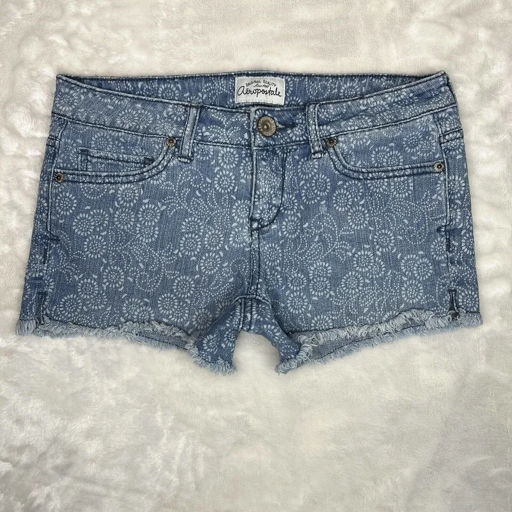 Aeropostale Blue & White Floral Low-Rise Stretch Denim Cutoff Jean Shorts Sz 0 - Picture 10 of 10
